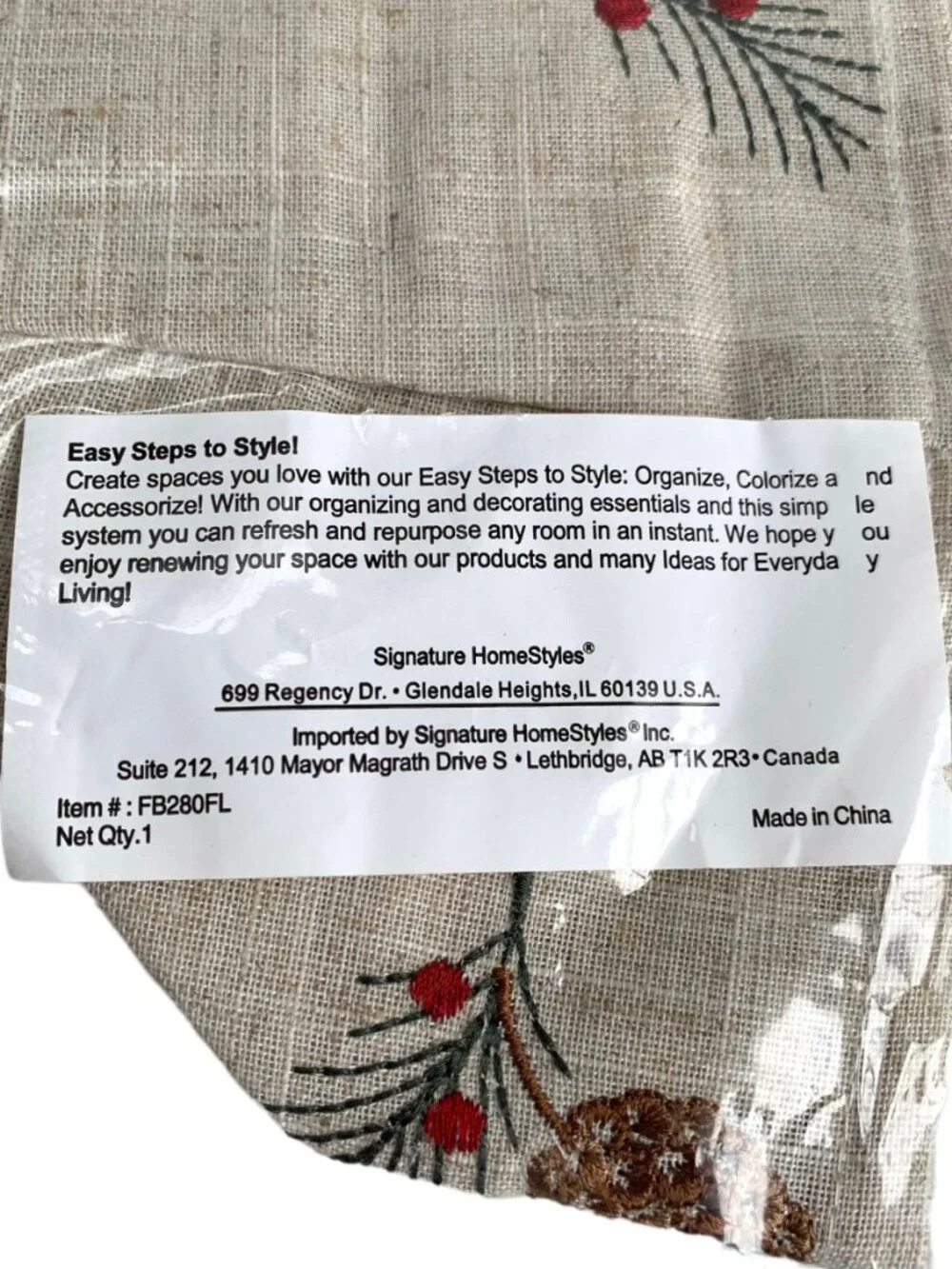 Signature Homestyles caddy basket liner pinecone print linen blend pinecones
